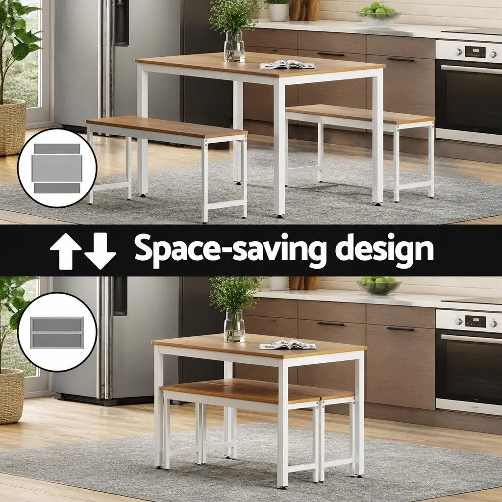 Dining Table and Benches Set 3PCS Rectangular Metal Legs Natural and White