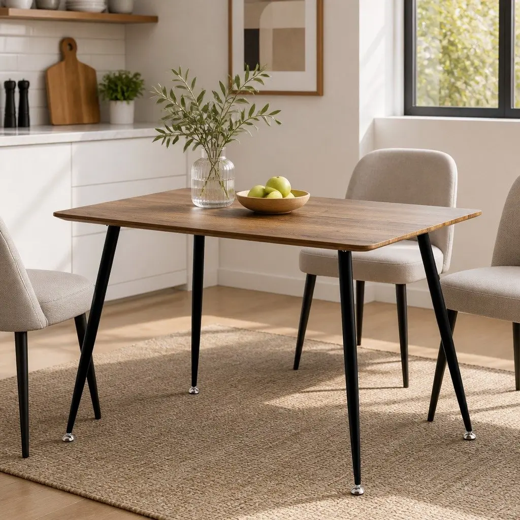 Dining Table Natural Wood Grain Top 120CM Rectangular Industrial Style 4 Seater Black Steel Legs