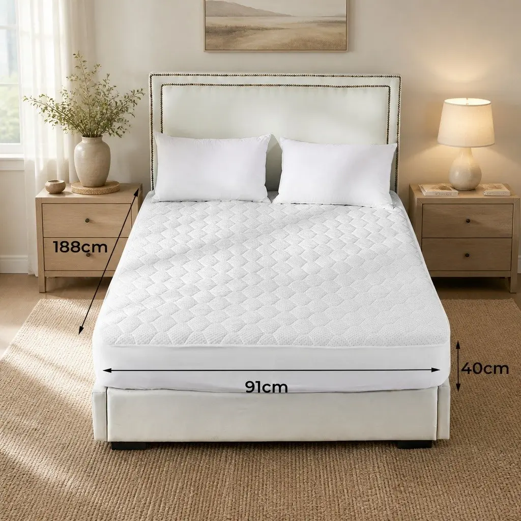Single Mattress Protector Bamboo Fibre Waterproof Fitted Quilted 188cm x 91cm White