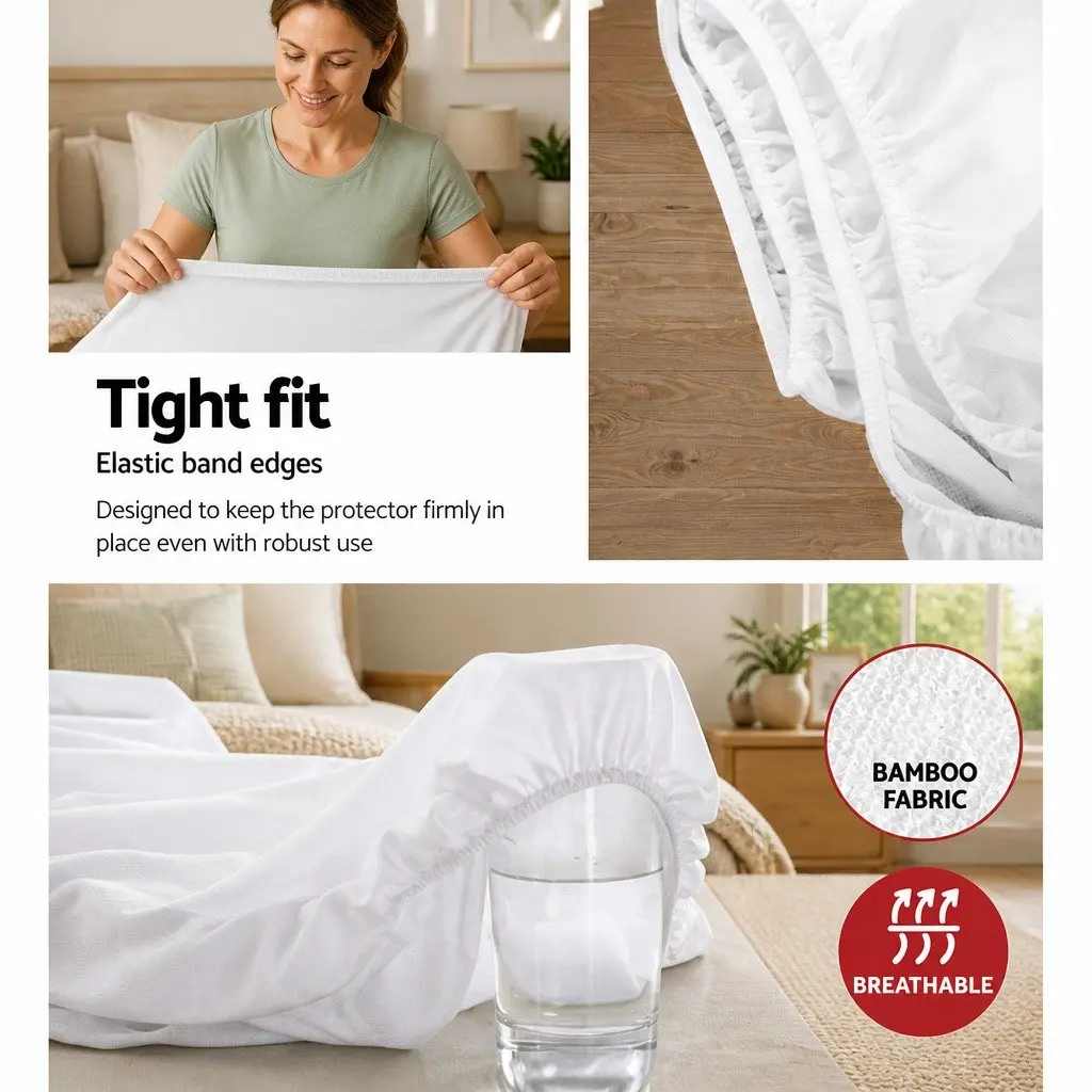 Single Mattress Protector Bamboo Fabric Waterproof Fitted Deep White