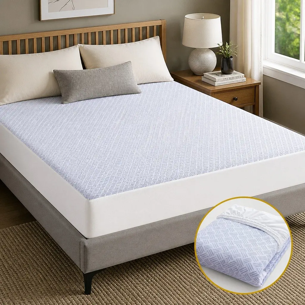 Mattress Protector Cooling Waterproof Deep Pocket Fitted Cover Double Size Blue