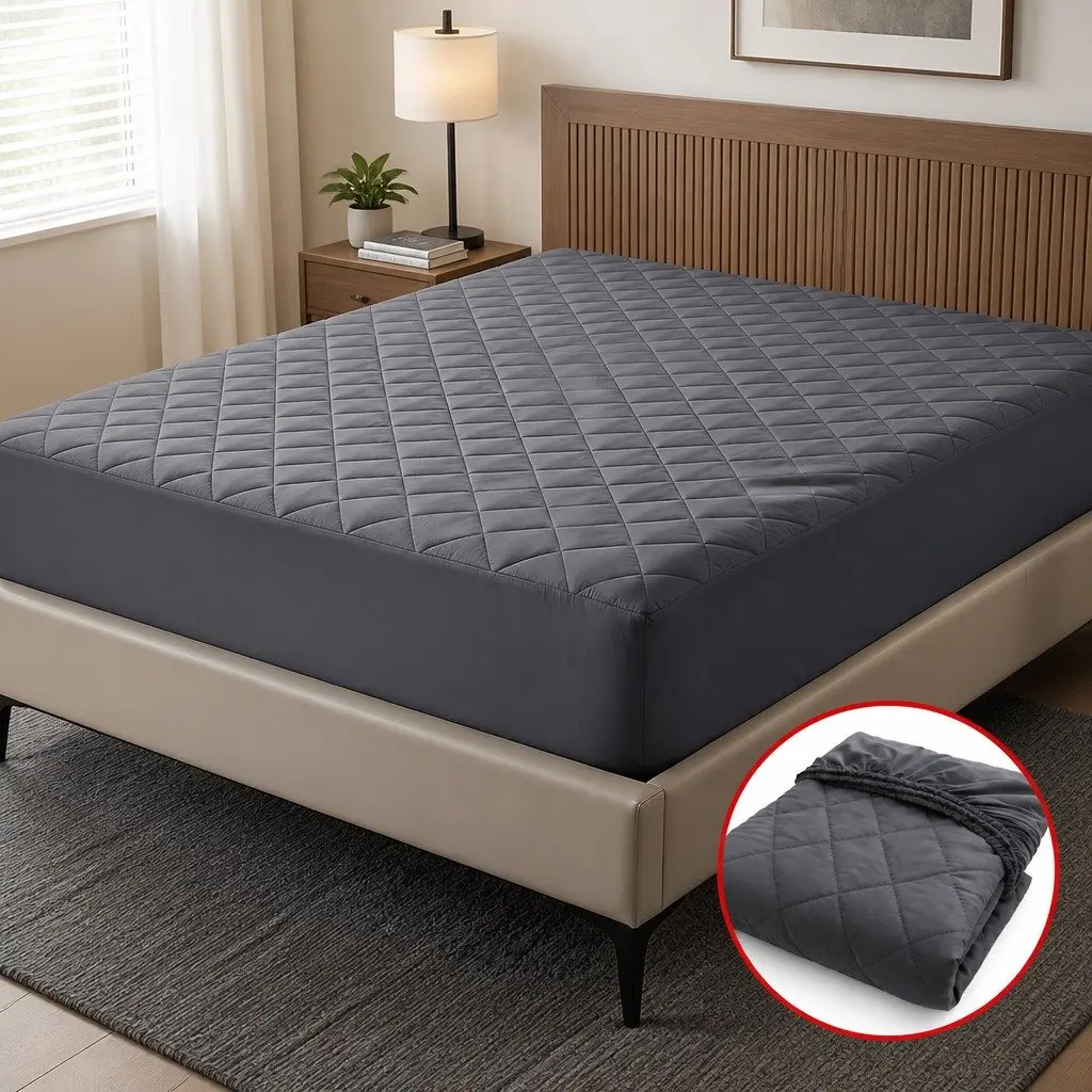 King Mattress Protector Waterproof Microfiber Quilted 360° Elastic Fitted Skirt Grey