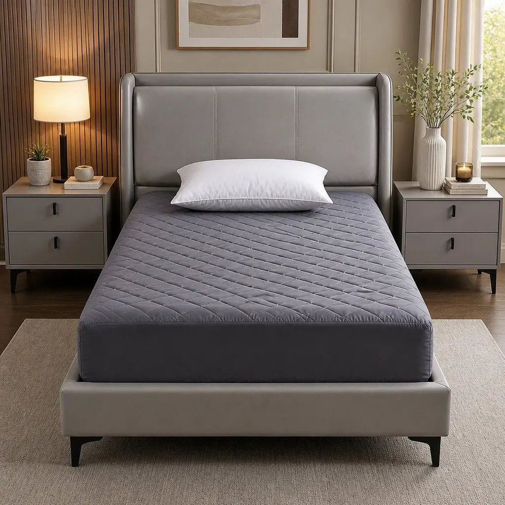 Single Mattress Protector Water-Resistant Deep Pocket 35cm Fitted Elastic Skirt Grey Microfiber