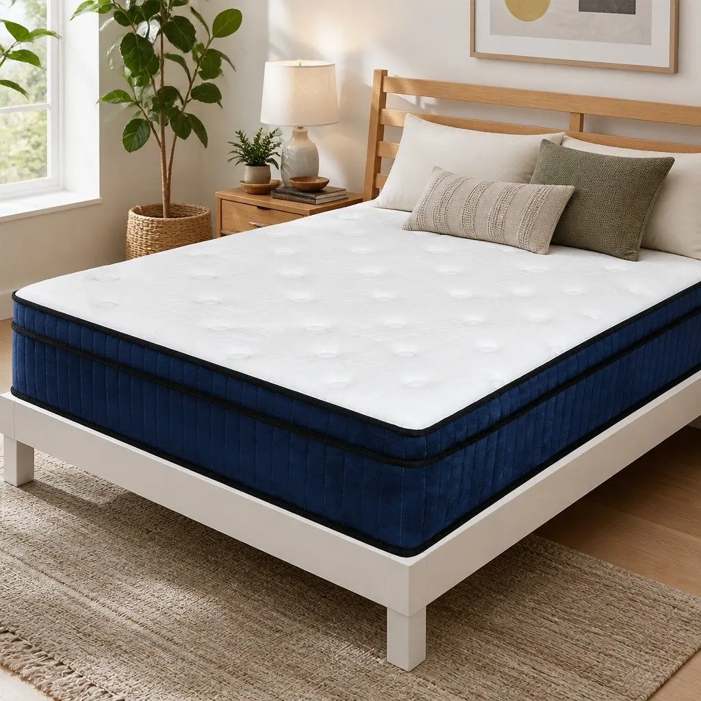 Double Mattress 7 Zone Pocket Spring Medium Firm Hybrid Foam Support White and Blue