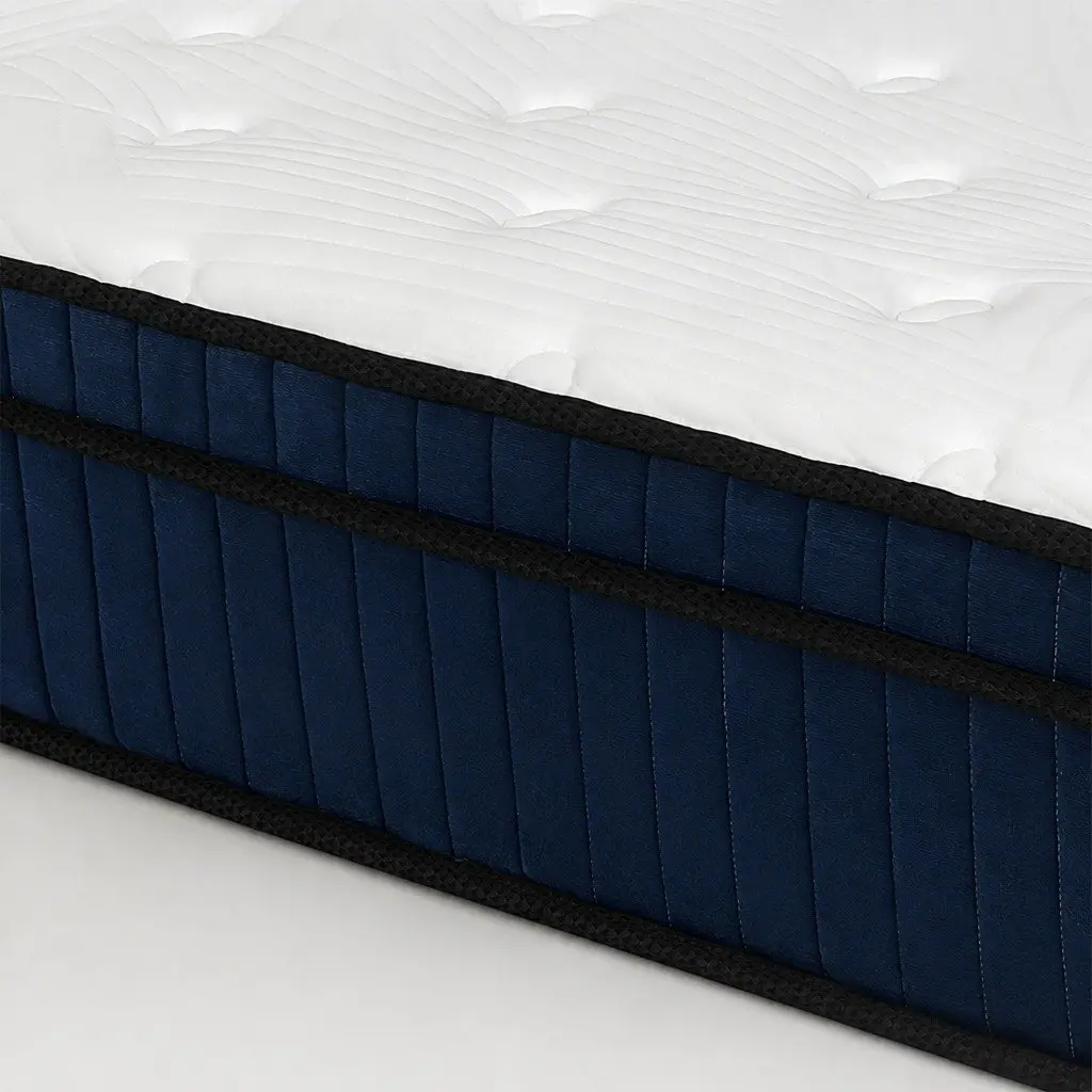 Double Mattress 7 Zone Pocket Spring Medium Firm Hybrid Foam Support White and Blue