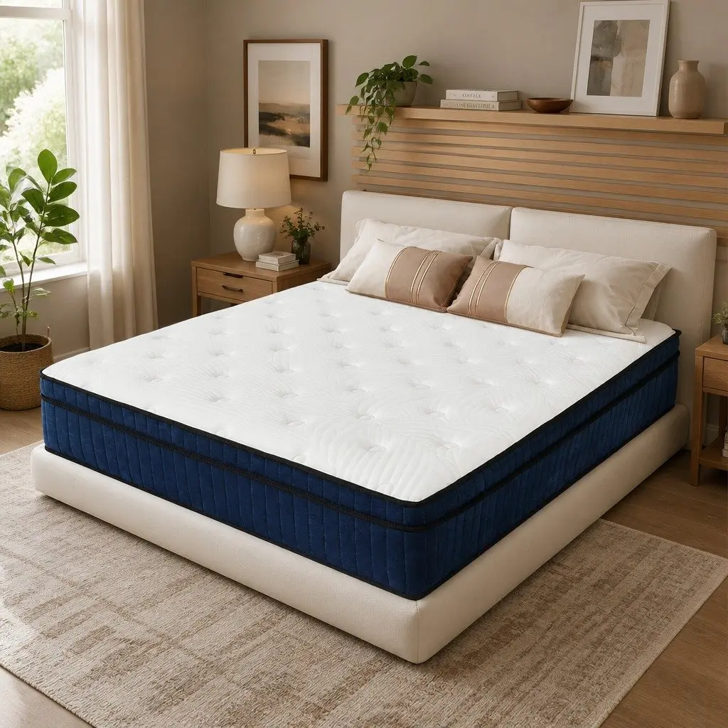 Double Mattress 7 Zone Pocket Spring Medium Firm Hybrid Foam Support White and Blue