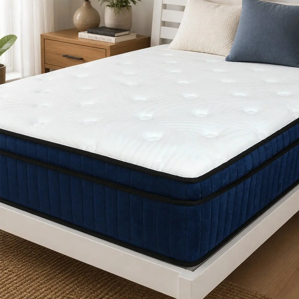 Mattress 7 Zone Pocket Spring Hybrid Foam Orthopedic Support King Single 34cm White and Blue