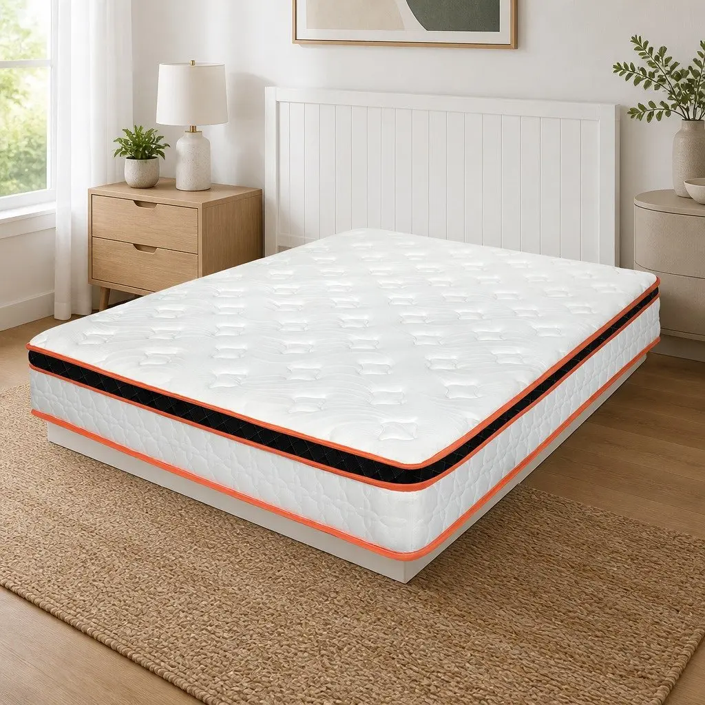 Pocket Spring Mattress 7 Zone Medium Firm Double Hybrid Foam Support Orthopedic White Orange Black