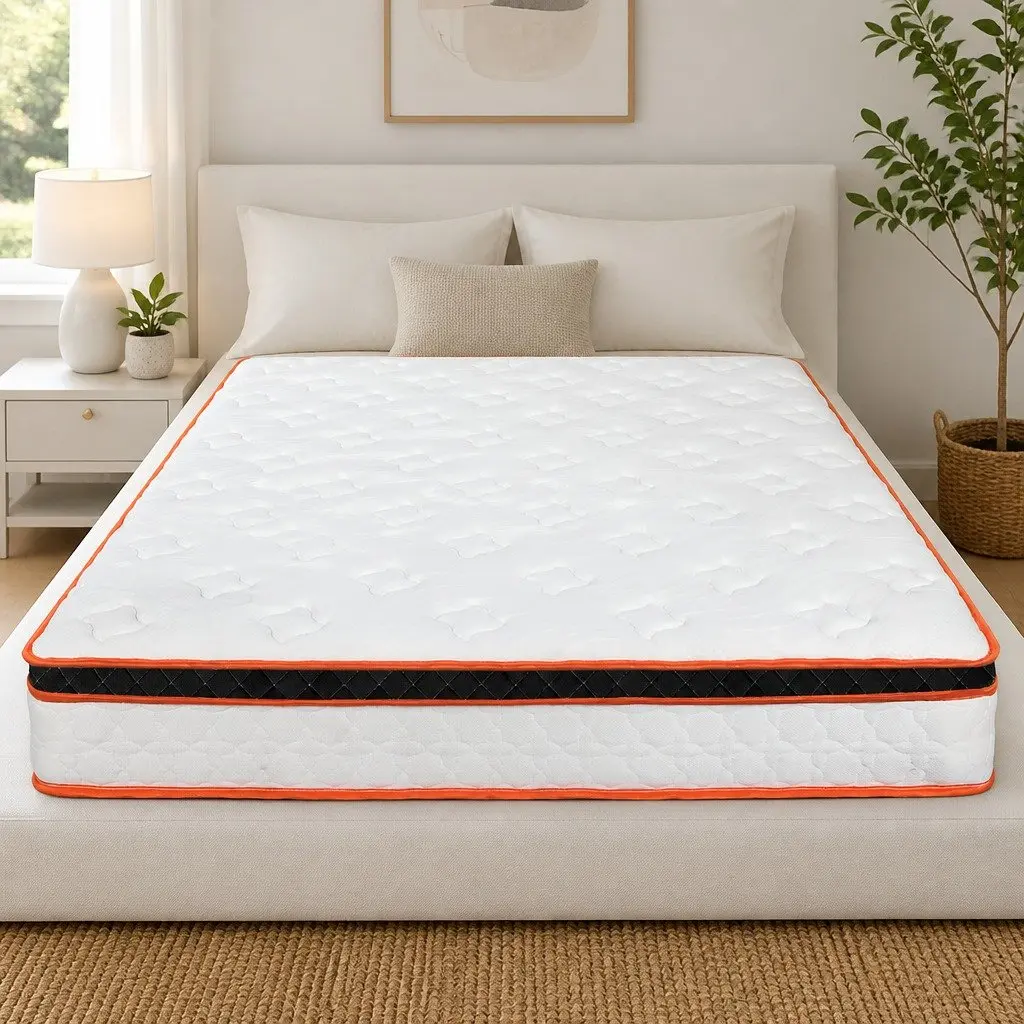 Pocket Spring Mattress 7 Zone Medium Firm Hybrid Foam Support Queen Size White Orange Black
