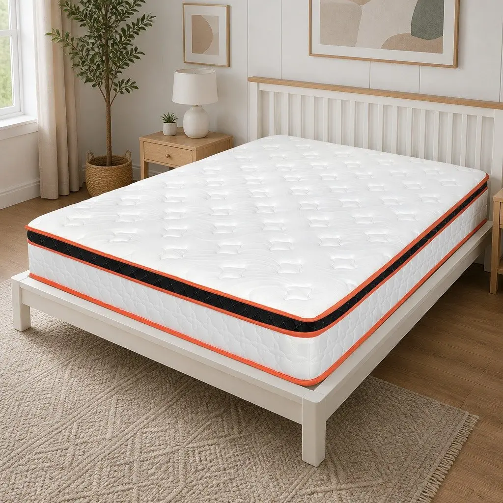 Pocket Spring Mattress 7 Zone Medium Firm Hybrid Foam Support Queen Size White Orange Black