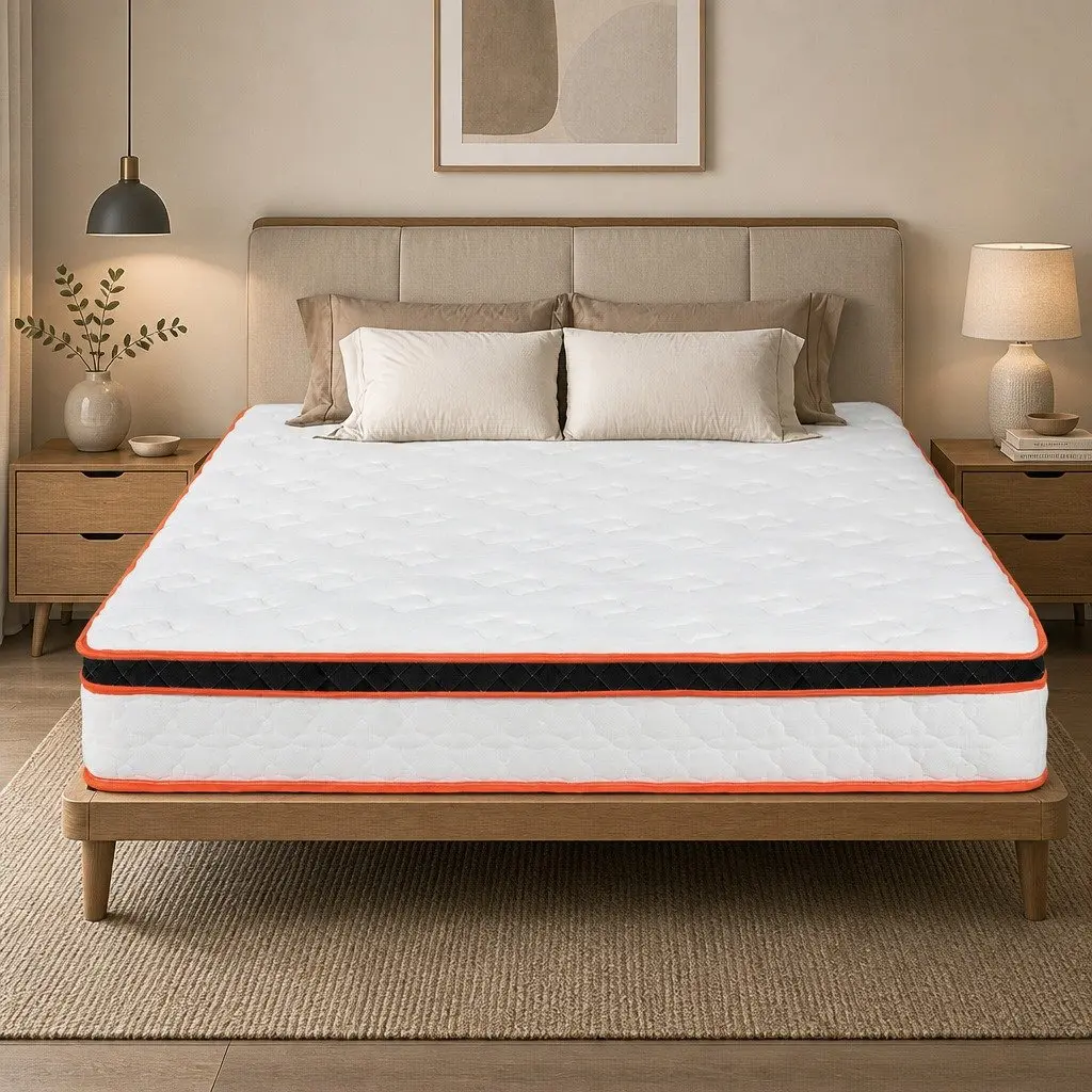 Pocket Spring Mattress 7 Zone Medium Firm Hybrid Foam Support Queen Size White Orange Black