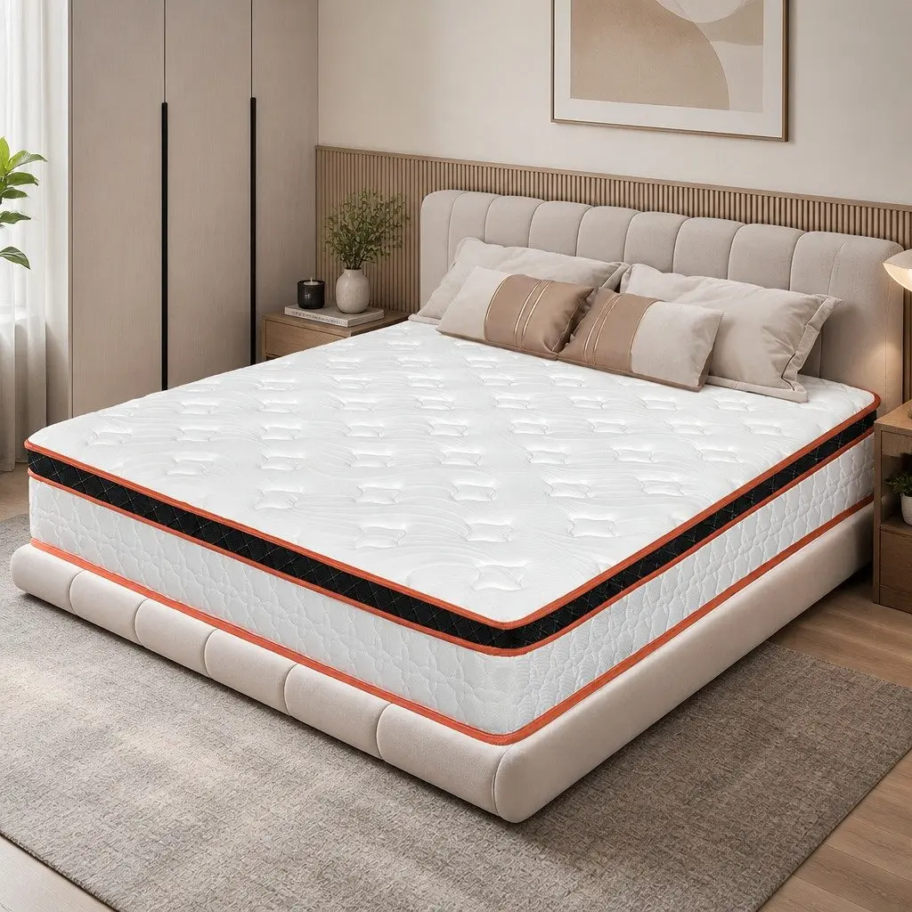 Pocket Spring Mattress 7 Zone Medium Firm Hybrid Foam Support Queen Size White Orange Black