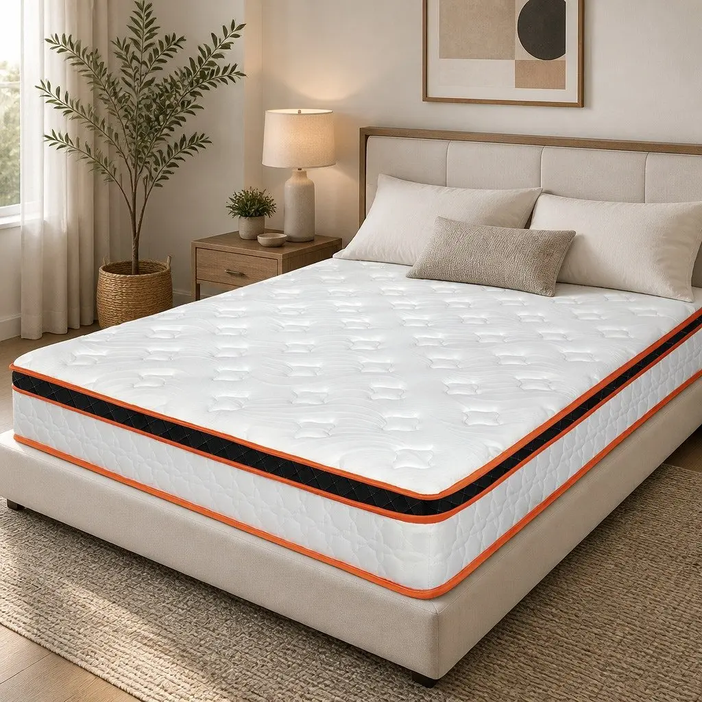 Pocket Spring Mattress 7 Zone Medium Firm Hybrid Foam Support Queen Size White Orange Black