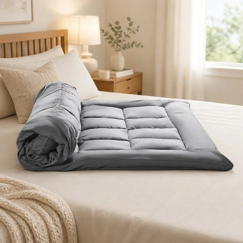 Mattress Topper King Bamboo Charcoal Fibre Polyester Fitted Elastic Bedding