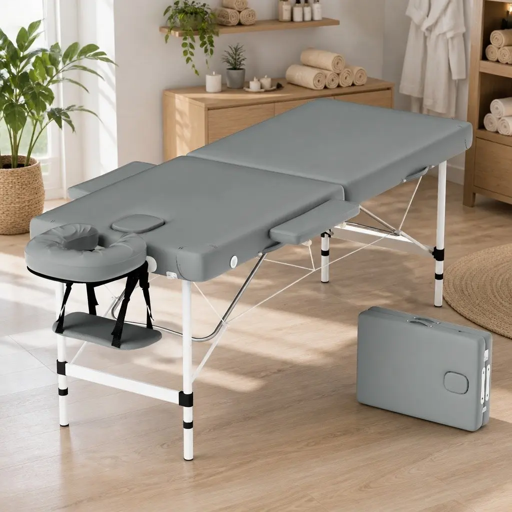 Massage Table Portable 55cm Wide Aluminium Grey with Removable Face Cradle and Arm Rest