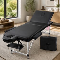 Portable Massage Table 60cm 3 Fold Aluminium Beauty Bed Therapy Salon Black