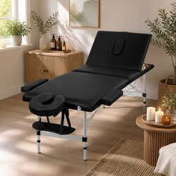Massage Table 65cm Portable 3 Fold Black Beauty Bed Adjustable Height