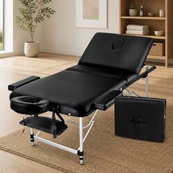Massage Table 70cm Wide Portable 3 Fold Aluminium Beauty Therapy Bed Black