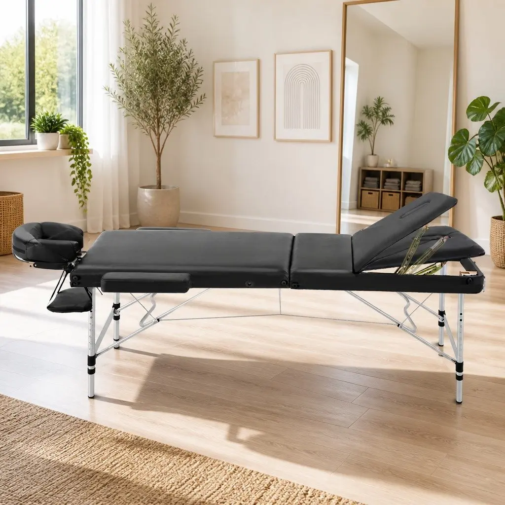 Massage Table Portable 3 Fold Aluminium 80cm Black
