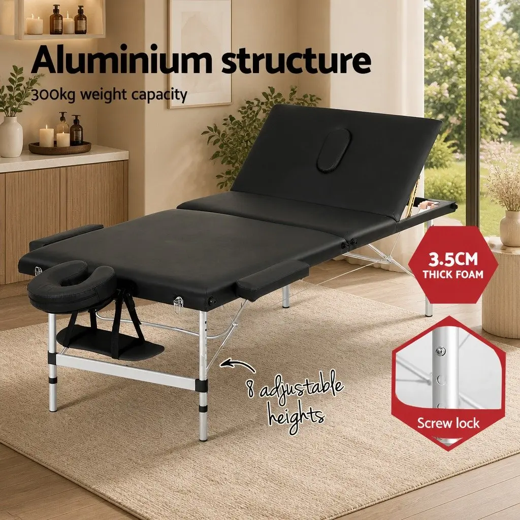 Massage Table 85cm Portable 3 Fold Aluminium Beauty Bed Black Professional