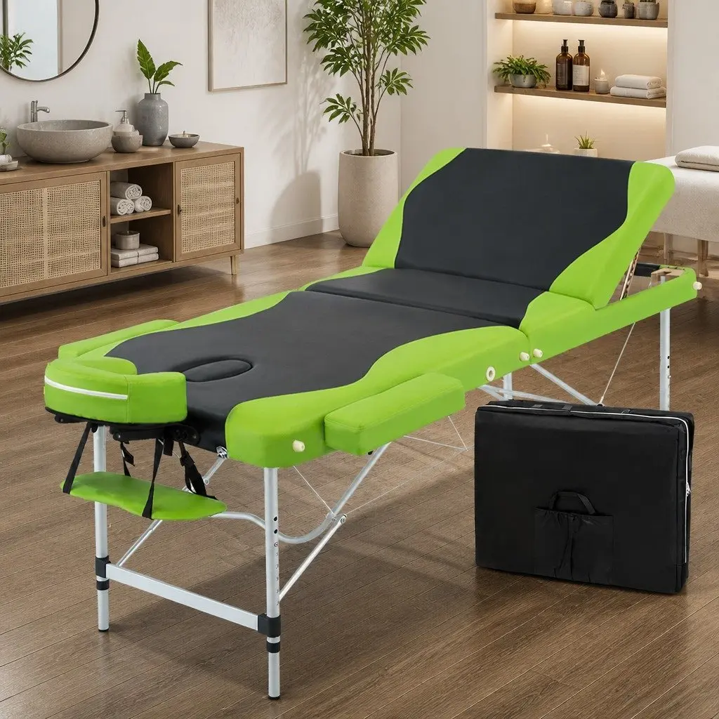 Massage Table Portable 75cm 3 Fold Aluminium Adjustable Height Black Green