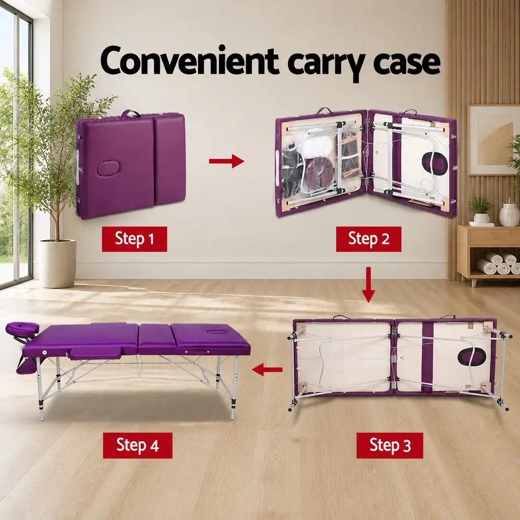Portable Massage Table Aluminium 75cm Wide 3 Fold Violet