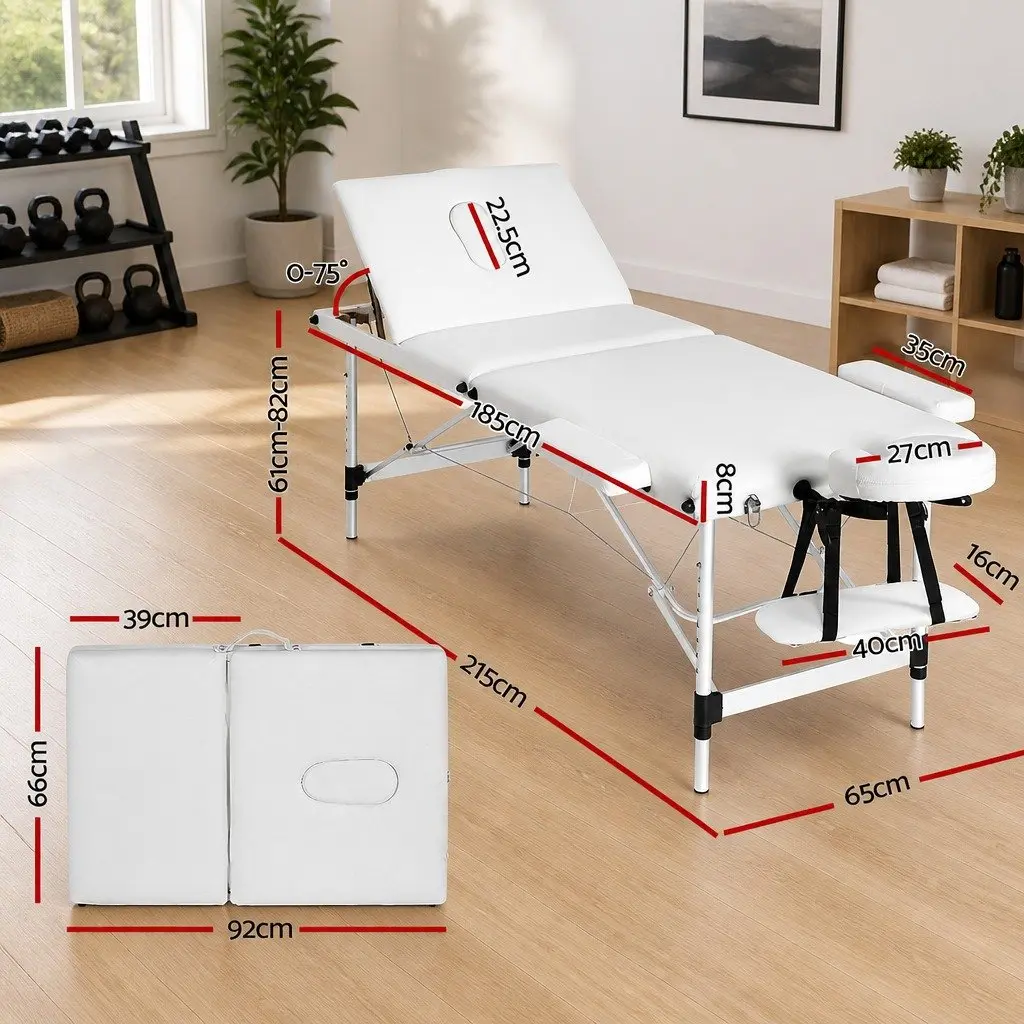 Massage Table Portable 3 Fold Adjustable Aluminium 65cm White