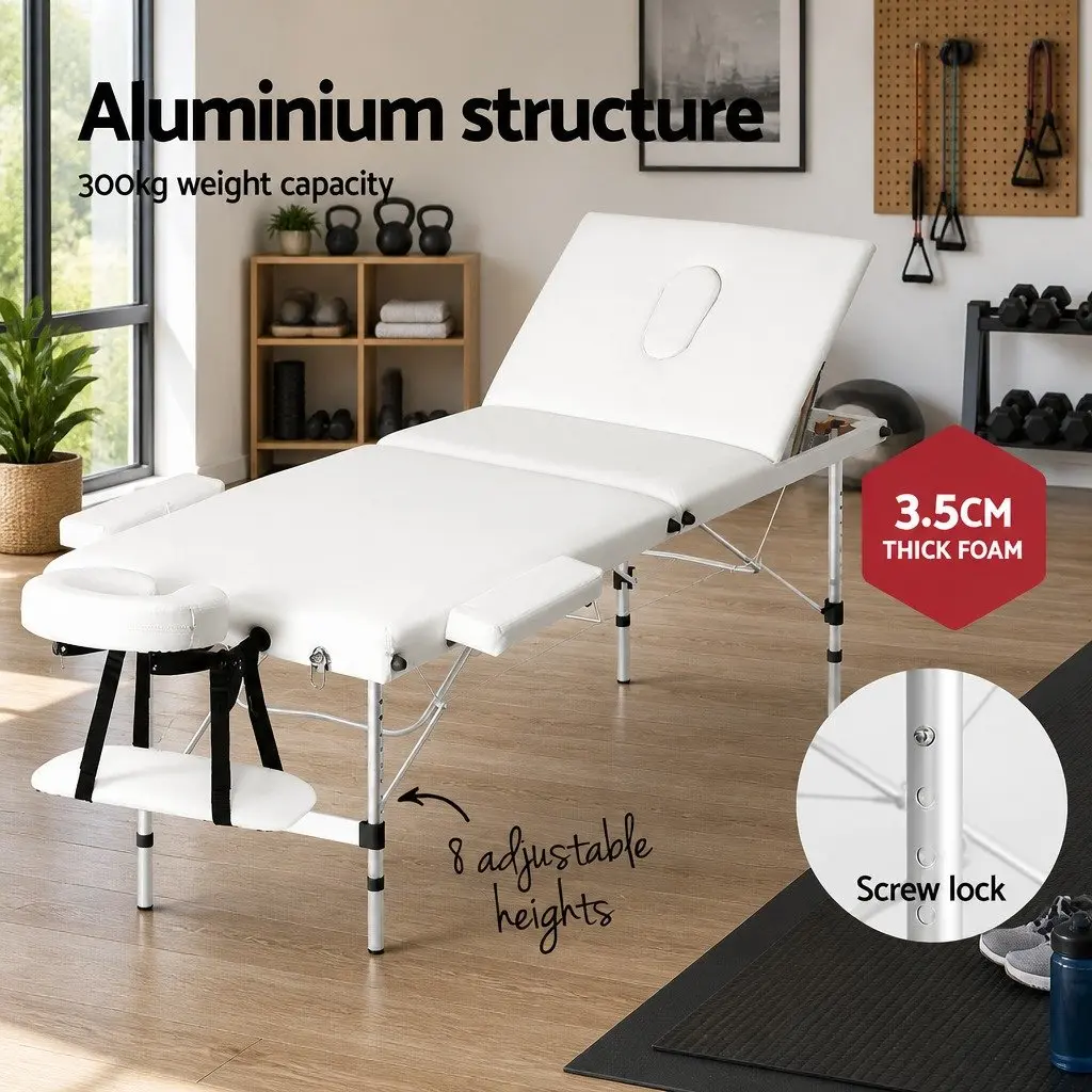Massage Table Portable 3 Fold Adjustable Aluminium 65cm White