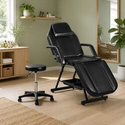Massage Table Adjustable 3-Fold Salon Bed with Stool Face Cradle Headrest Black