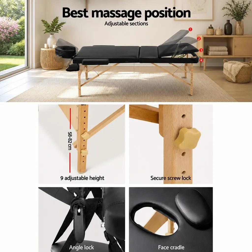 Portable Massage Table Wooden Frame 60cm Wide Adjustable Height Black