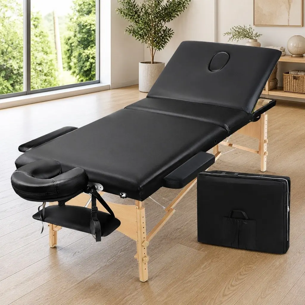 Portable Massage Table Wooden Frame 75cm Wide Adjustable Height Black