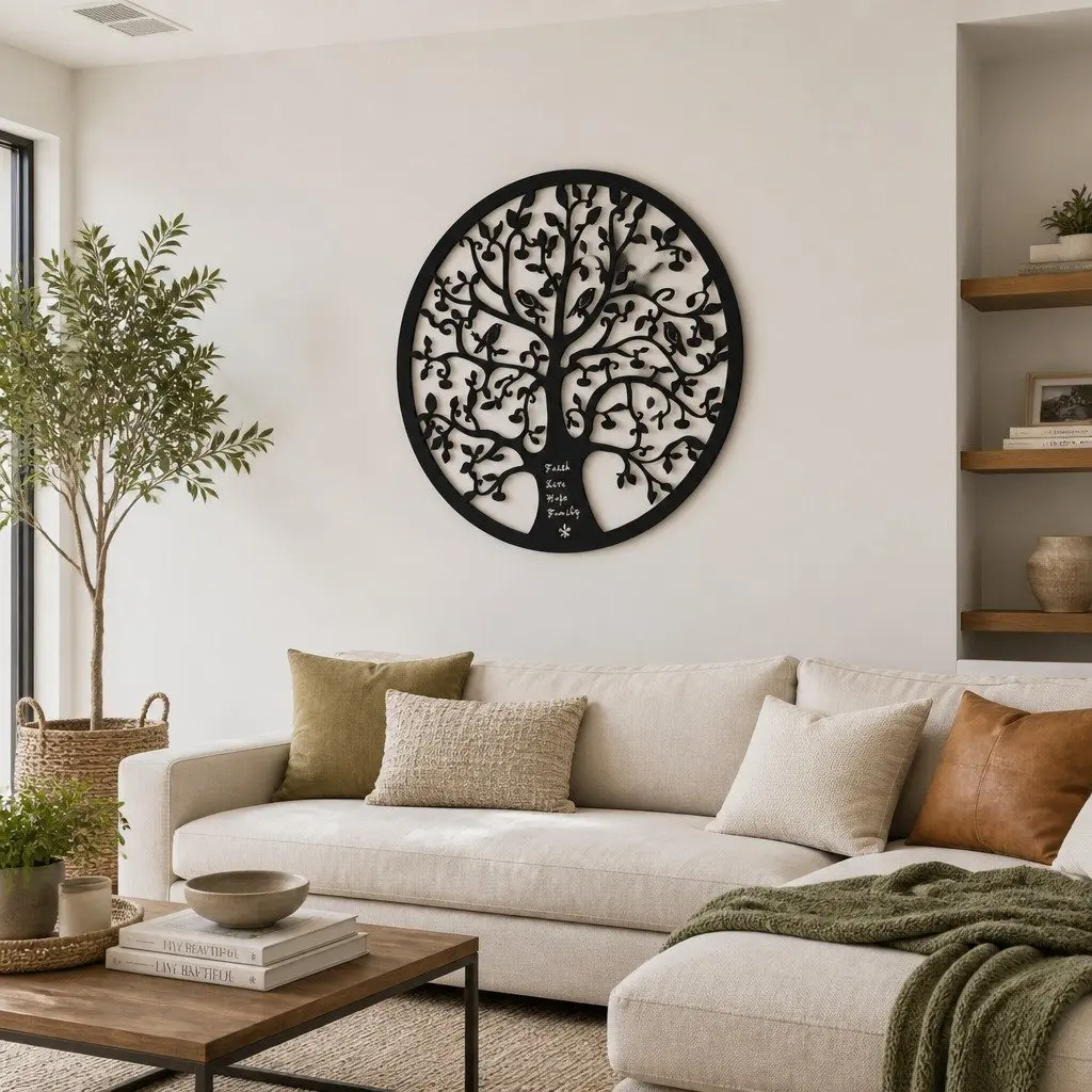 Metal Wall Art Tree of Life Sculpture Round Frame 60cm Black