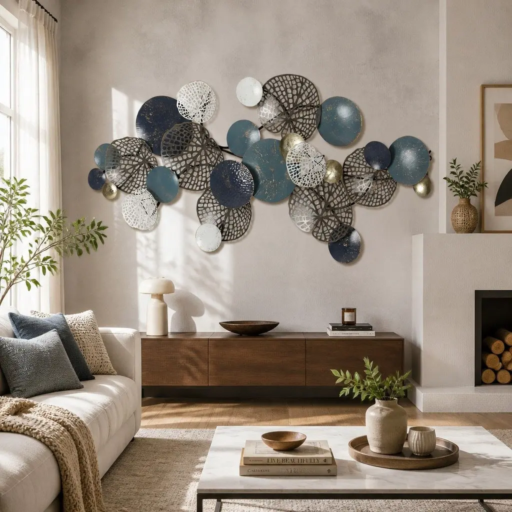 Metal Wall Art Sculpture Tree Leaf Circles 132cm Multi-coloured Home Decor 3D