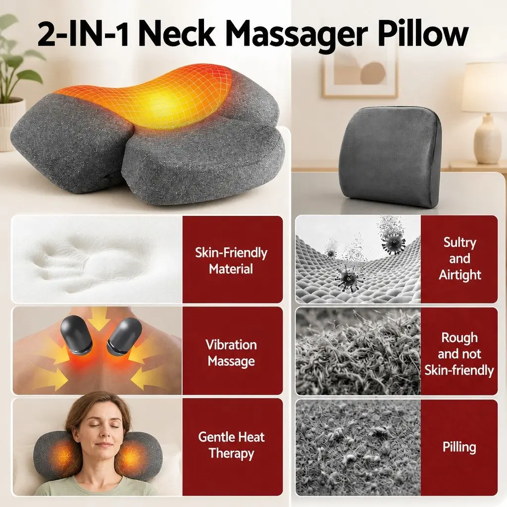 Neck Massager Pillow 2-in-1 Memory Foam Cervical Support Heat Vibration Therapy