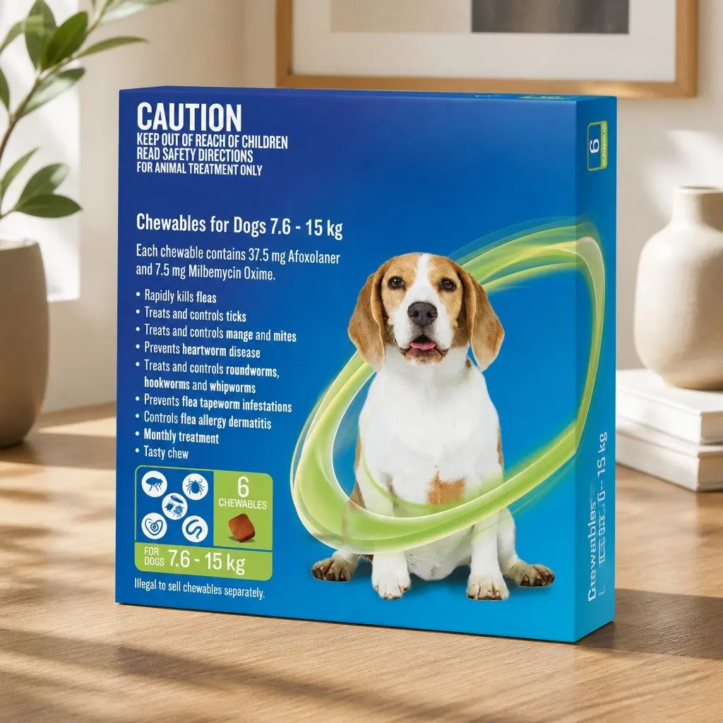 Chews for Medium Dogs Flea Tick Worm Protection 7.6-15kg Beef Flavoured 6 Pack