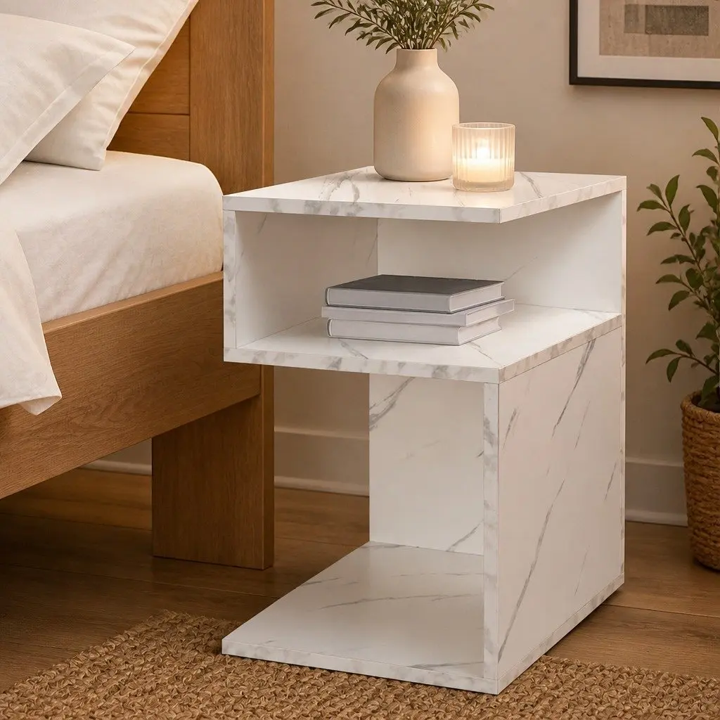 Bedside Table with Drawers Open Shelves Storage Side Table White Nightstand