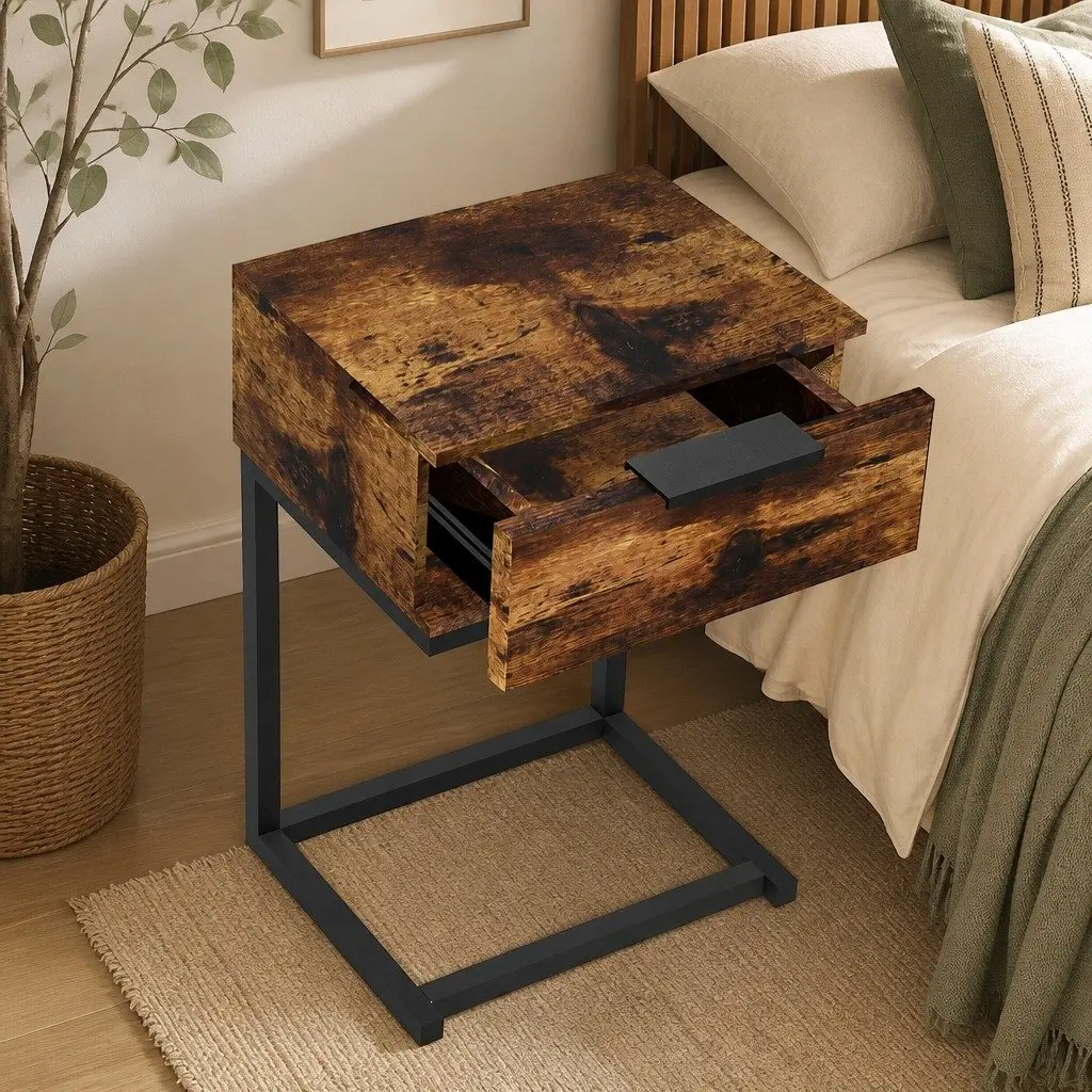 Bedside Table Wooden Storage Drawers Industrial Style 35cm W x 27cm D x 50cm H Oak
