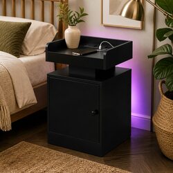 Bedside Table with USB Charger Outlets RGB LED Lighting Storage Cabinet Black