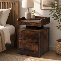 Bedside Table with USB Charger Outlets RGB LED Lighting Nightstand Storage Oak