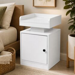 Bedside Table with USB Charger Outlet RGB LED Lights Storage White Nightstand