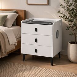 Bedside Table with LED Lights USB Charging Bluetooth Speaker Drawers Storage