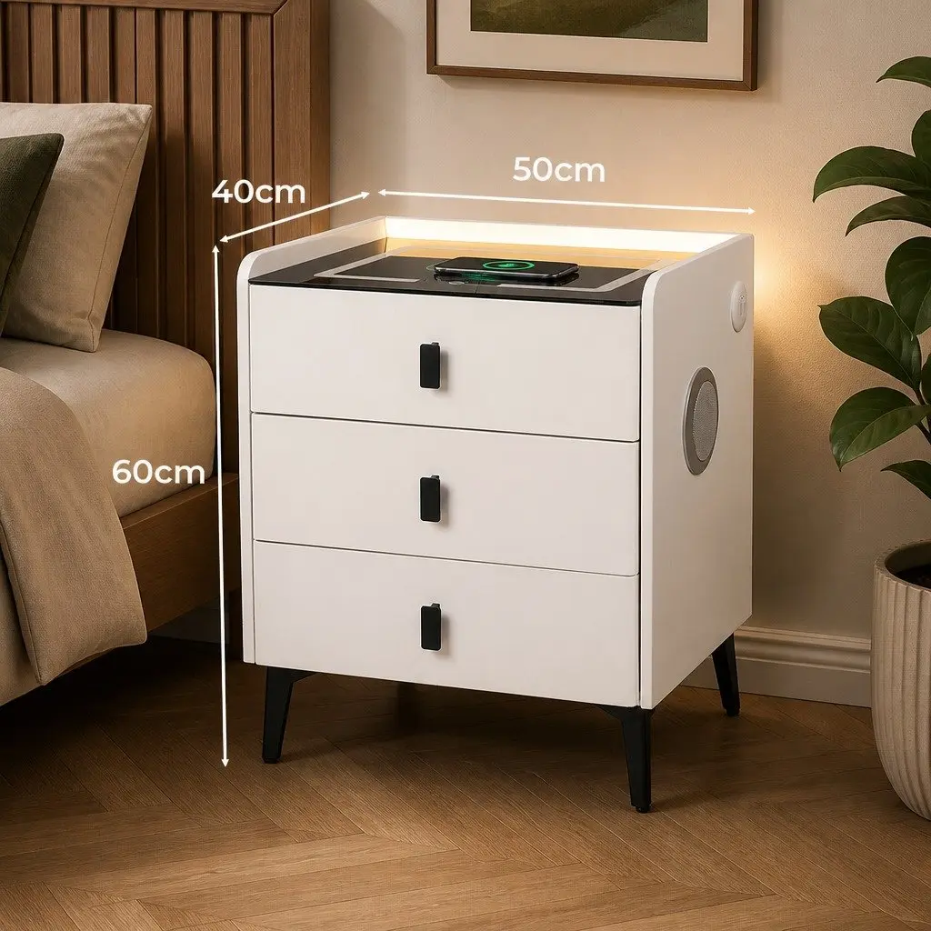 Bedside Table with LED Lights Wireless Charging Bluetooth Speaker White 50cm x 40cm x 60cm