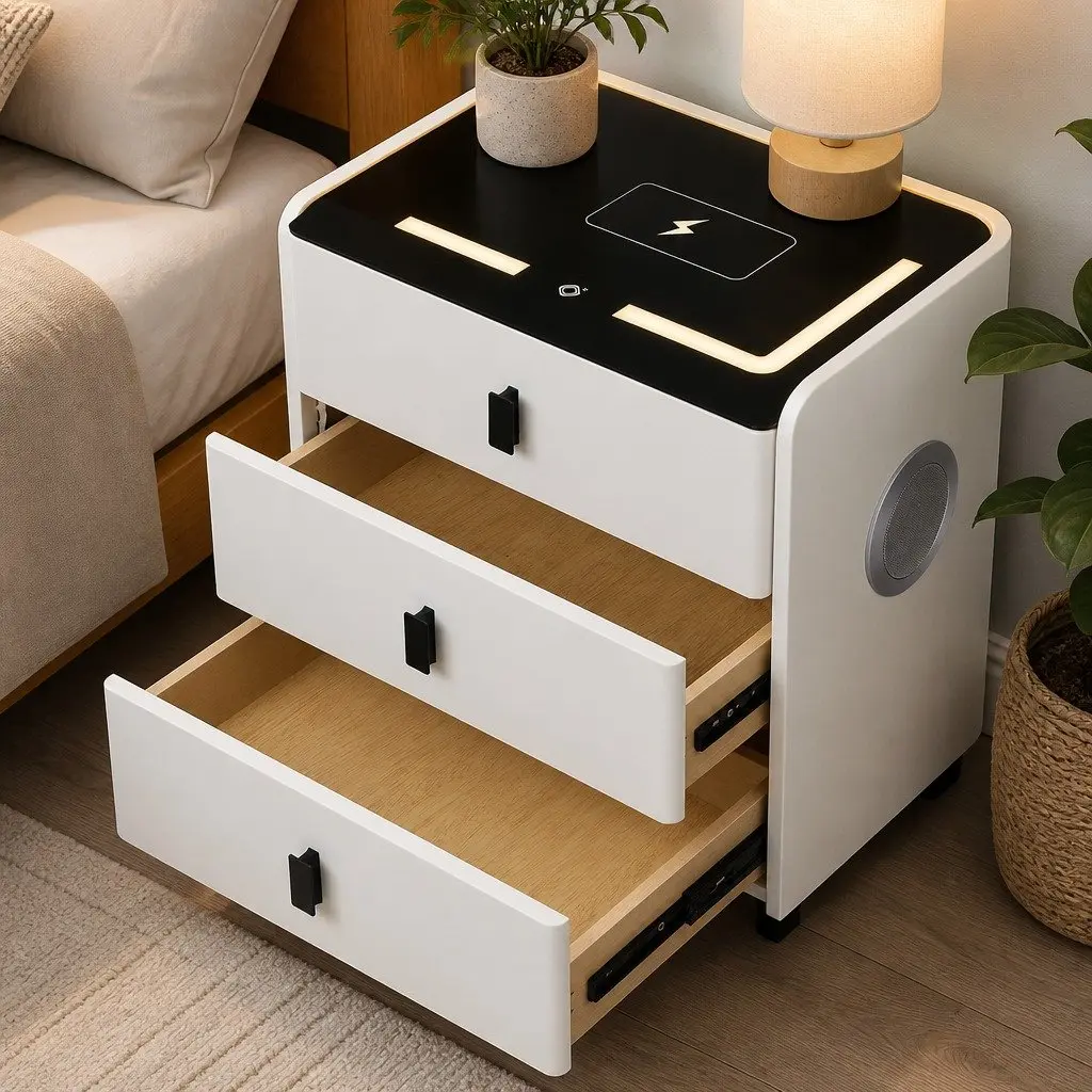 Bedside Table with LED Lights Wireless Charging Bluetooth Speaker White 50cm x 40cm x 60cm