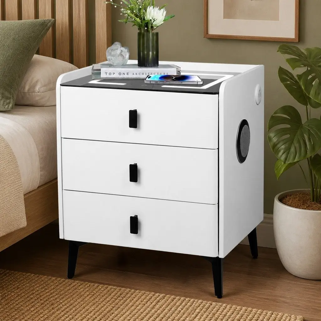 Bedside Table with LED Lights Wireless Charging Bluetooth Speaker White 50cm x 40cm x 60cm