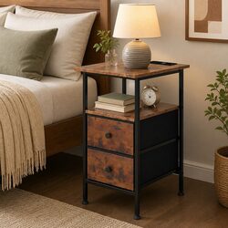 Bedside Table Side Table 2 Drawers Storage Cabinet with Charging Station Brown