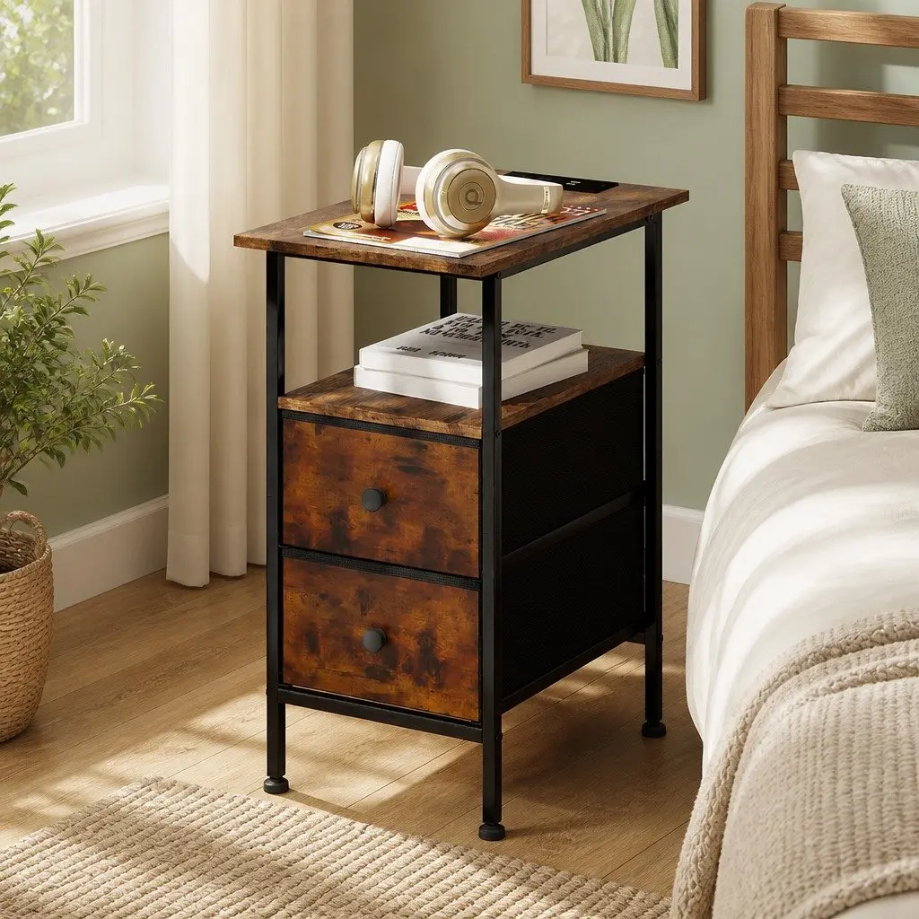 Bedside Table with 2 Drawers and Charging Station Compact Brown