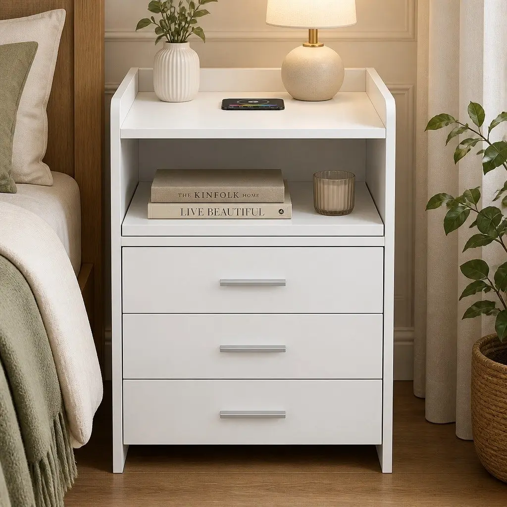 Nightstand USB Wireless Charging Motion Sensor Light Storage White 45cm x 40cm x 64cm