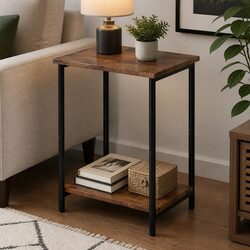 2-Tier Industrial Side Table Storage Shelf Nightstand End Table Compact