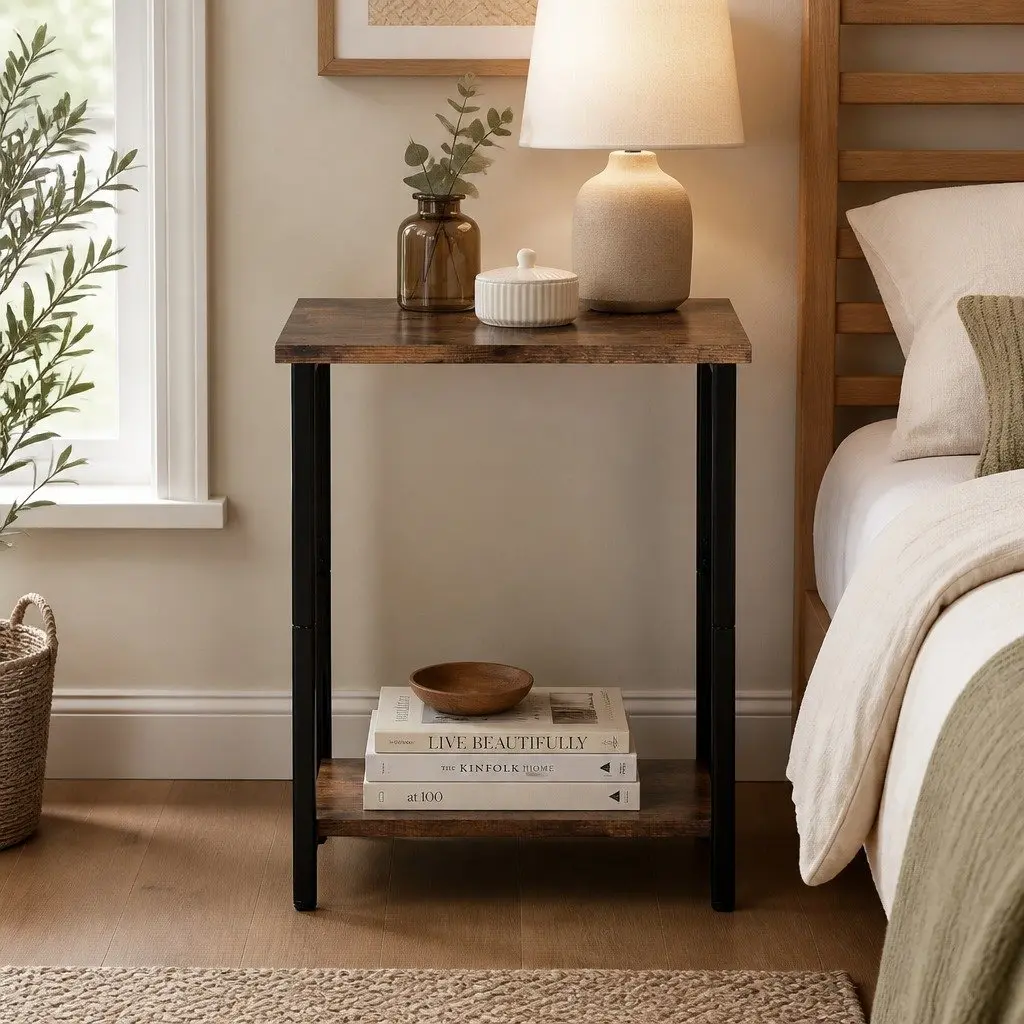 2-Tier Industrial Side Table Storage Shelf Nightstand End Table Compact