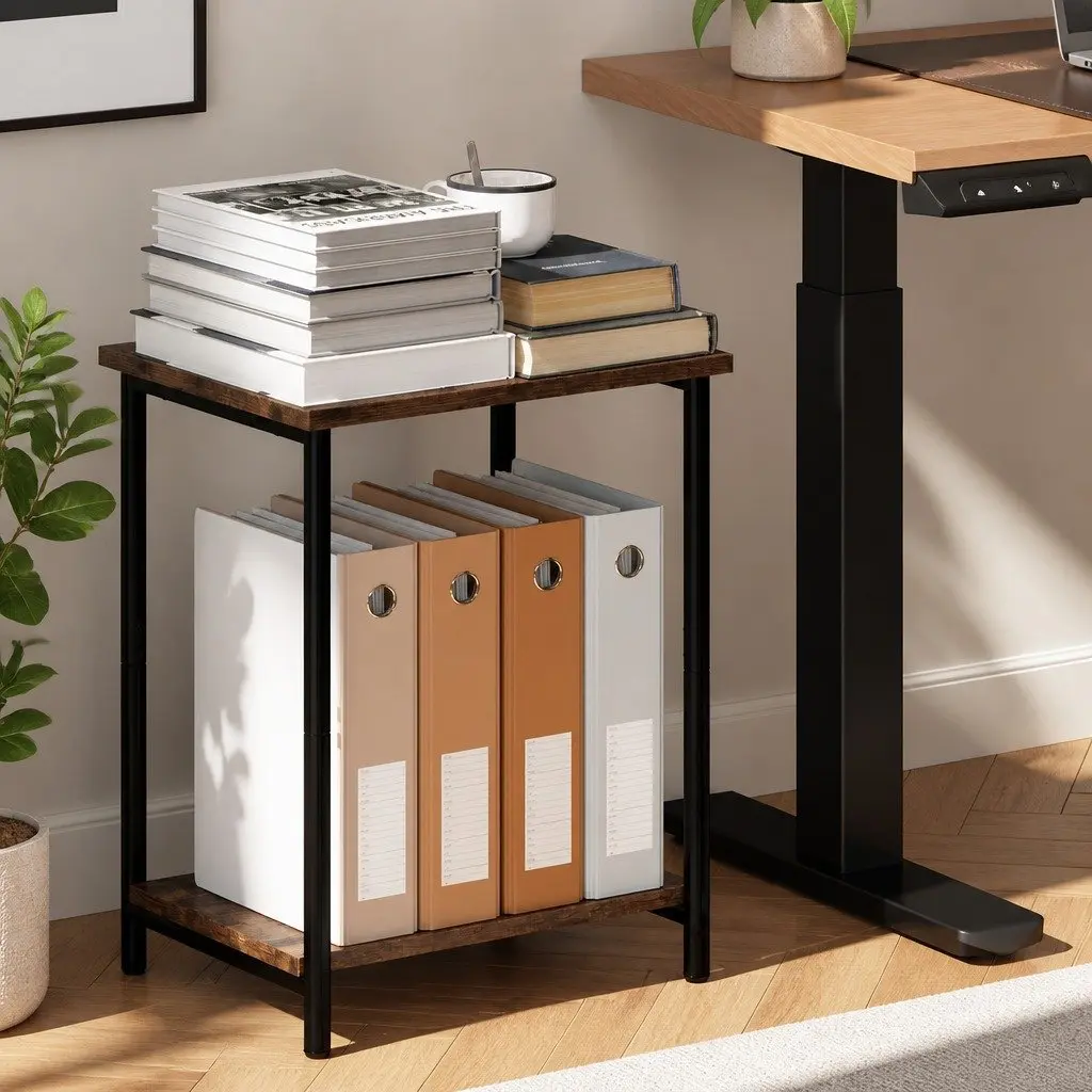 2-Tier Industrial Side Table Storage Shelf Nightstand End Table Compact